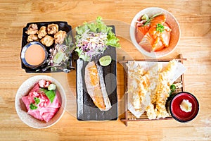 Delicious Japanese Food on Wooden Table