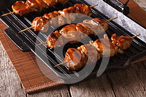 Delicious Japanese yakitori barbecue of chicken on a grill pan.