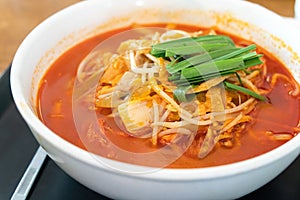 Delicious jjamppong, jjambbong, Chinese-style Korean noodle soup topped with spicy seafood and kimchi broth in South Korea