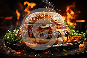 Delicious juicy big burger with meat, cheese and vegetables, hamburger with smoke and flames, AI Generated