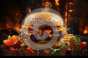 Delicious juicy big burger with meat, cheese and vegetables, hamburger with smoke and flames, AI Generated