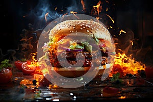 Delicious juicy big burger with meat, cheese and vegetables, hamburger with smoke and flames, AI Generated