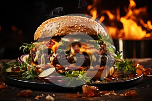 Delicious juicy big burger with meat, cheese and vegetables, hamburger with smoke and flames, AI Generated