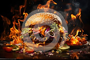 Delicious juicy big burger with meat, cheese and vegetables, hamburger with smoke and flames, AI Generated