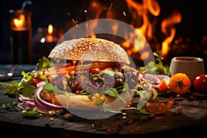 Delicious juicy big burger with meat, cheese and vegetables, hamburger with smoke and flames, AI Generated