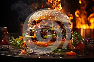 Delicious juicy big burger with meat, cheese and vegetables, hamburger with smoke and flames, AI Generated