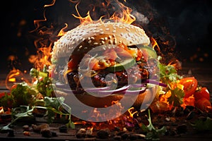 Delicious juicy big burger with meat, cheese and vegetables, hamburger with smoke and flames, AI Generated