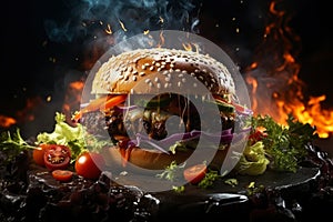 Delicious juicy big burger with meat, cheese and vegetables, hamburger with smoke and flames, AI Generated