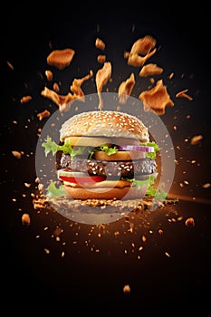 Delicious juicy burger on a dark background. Flying ingredients, levitation, creative food