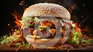 Delicious juicy burger with meat beef cutlets and cheese with sesame seed buns. Fast food. AI generated