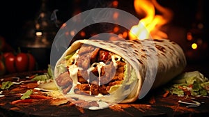 Delicious juicy grilled shawarma, kebab meat and sauce, shawarma cut in half