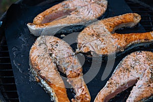 Delicious and juicy pieces of salmon are grilled on a special non-stick Teflon lining. Family barbecue in the backyard of a