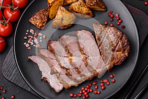 Delicious juicy pork or beef steak grilled with salt, spices and herbs