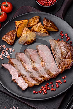 Delicious juicy pork or beef steak grilled with salt, spices and herbs