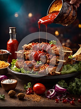 Delicious kebab with sauce, dish that is sure to tantalize your taste buds. The meat grilled