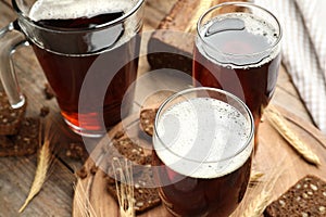 Delicious kvass, bread and spikes on table