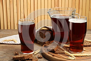 Delicious kvass, bread and spikes on table