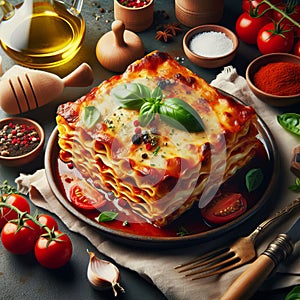 Delicious lasagna dish on a dark background, surrounded by ingredients and cooking utensils.