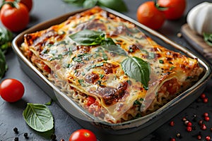 Delicious Lasagna Feast: Basil & Tomato Garnish, Elegantly Served. Concept Italian Cuisine, Gourmet
