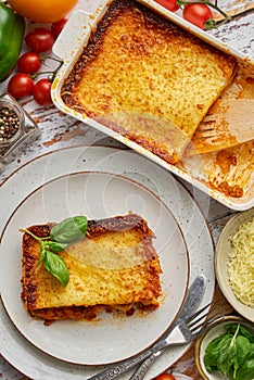 Delicious lasagne bolognese with pepper, tomato and cheese