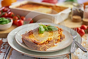Delicious lasagne bolognese with pepper, tomato and cheese