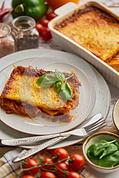 Delicious lasagne bolognese with pepper, tomato and cheese