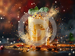 Delicious lassi photography, explosion flavors, studio lighting, studio background, well-lit, vibrant colors, sharp