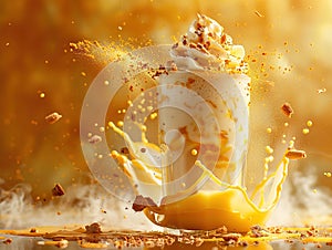 Delicious lassi photography, explosion flavors, studio lighting, studio background, well-lit, vibrant colors, sharp