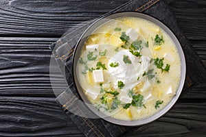 Delicious latino american chicken broth with potatoes, eggs, white cheese and cilantro close-up in a bowl. horizontal top view photo