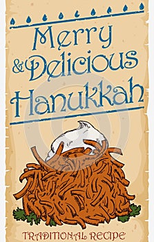 Delicious Latke Dish in a Scroll for Hanukkah Celebration, Vector Illustration