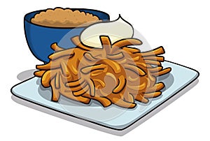 Delicious latke on a plate and a bowl with applesauce, Vector illustration