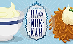 Delicious Latke and Sauce with Label Commemorating Hanukkah Traditions, Vector Illustration