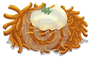 Delicious latke served with sour cream and coriander for Hanukkah, Vector illustration