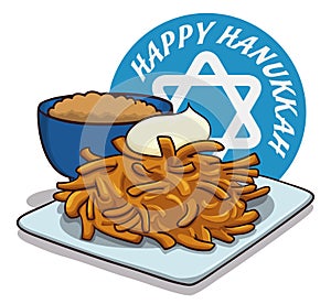 Delicious Latkes with Sour Cream and Apple Sauce, Vector Illustration