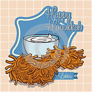 Delicious Latkes with Sour Cream in Cartoon Style, Vector Illustration