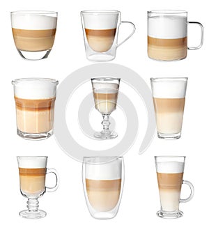 Delicious latte macchiato in different glasses on white background, set