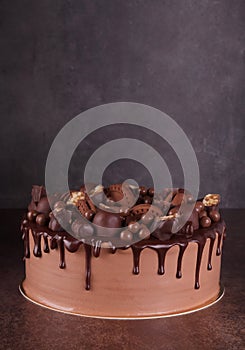 Delicious layered chocolate cake with decorations on dark
