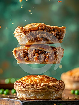 Delicious Layered Meat Pie with Crispy Golden Crust and Savory Filling on Rustic Background with Peas