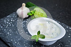 Delicious Lebanese food, Tzatziki sauce, produced with garlic, cucumber, mint and labneh