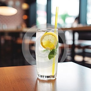 Delicious lemon drink, lemonade with lemon slices in a transparent glass dish on the table in a cafe