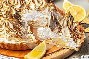 Delicious lemon meringue pie, Food recipe background. Close up