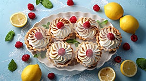 Delicious lemon and raspberry tartlets with meringue on a white vintage plate.