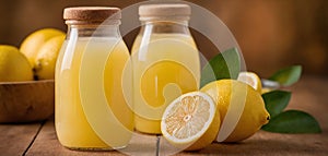 Delicious lemonade in a glass bottle. Fresh citrus lemonade in glass on table with sliced and whole lemons