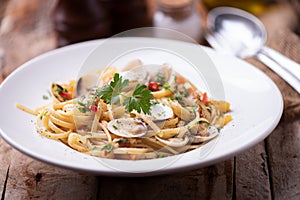 Delicious linguine pasta in a clams sauce photo