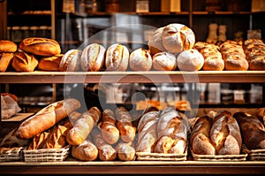 Delicious loaves of various bread on the shelves in a bakery shop.