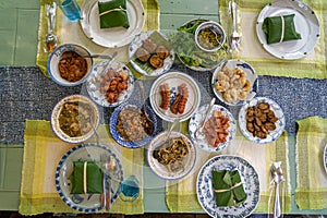 Delicious local Northern Thai style food including spicy sausage, fried pork, pork rinds, chilli paste and vegetable, curry, other