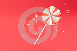 a delicious lollipop and gold ribbons on a red background. copy paste. 3D render