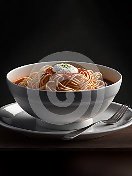 Delicious spaghetti with sauce and spices in bowl