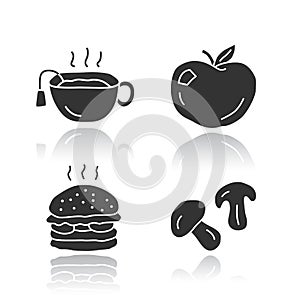 Delicious lunch glossy icons set. Tasty breakfast, fast food and drink silhouette symbols. Hot tea, ripe apple, burger