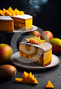 Delicious mango cake on a black background with ingredients around